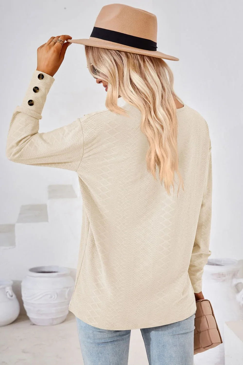 V - Neck Long Sleeve Blouse - VILLA FASHION