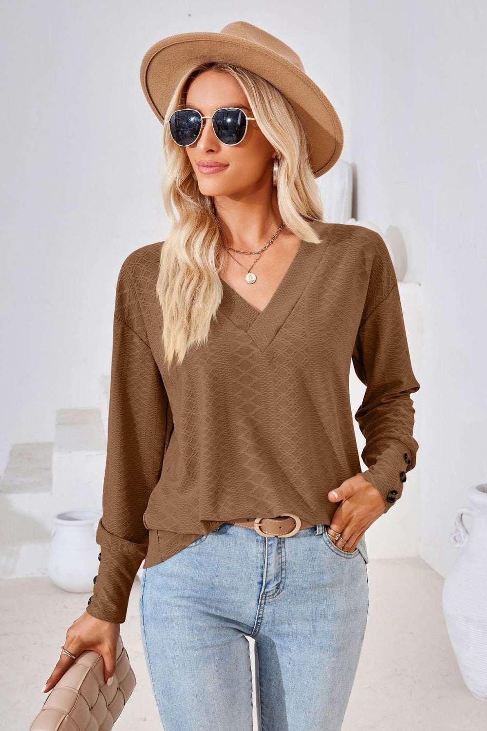 V - Neck Long Sleeve Blouse - VILLA FASHION