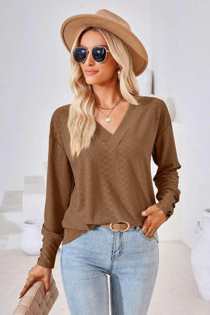 V - Neck Long Sleeve Blouse - VILLA FASHION