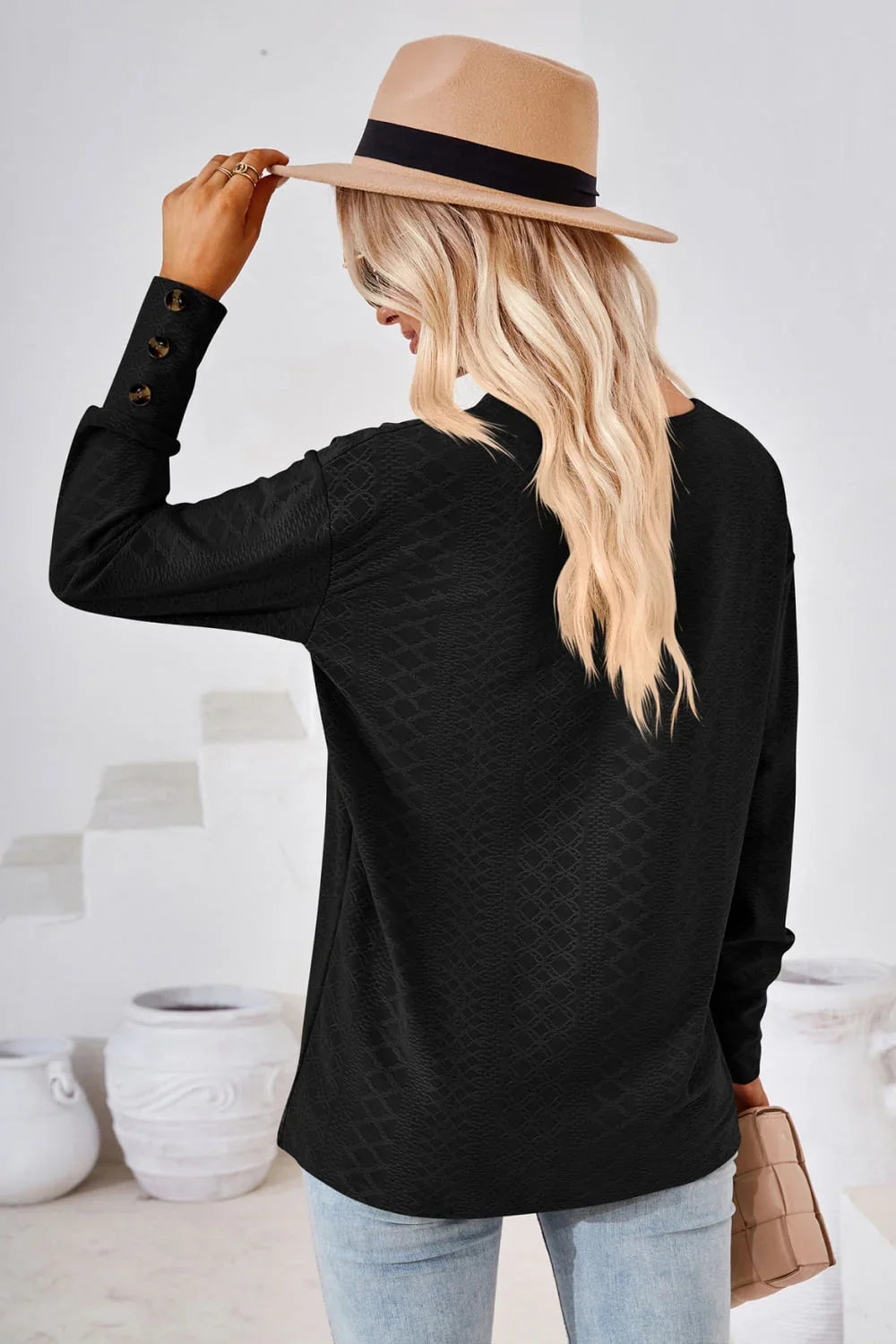 V - Neck Long Sleeve Blouse - VILLA FASHION