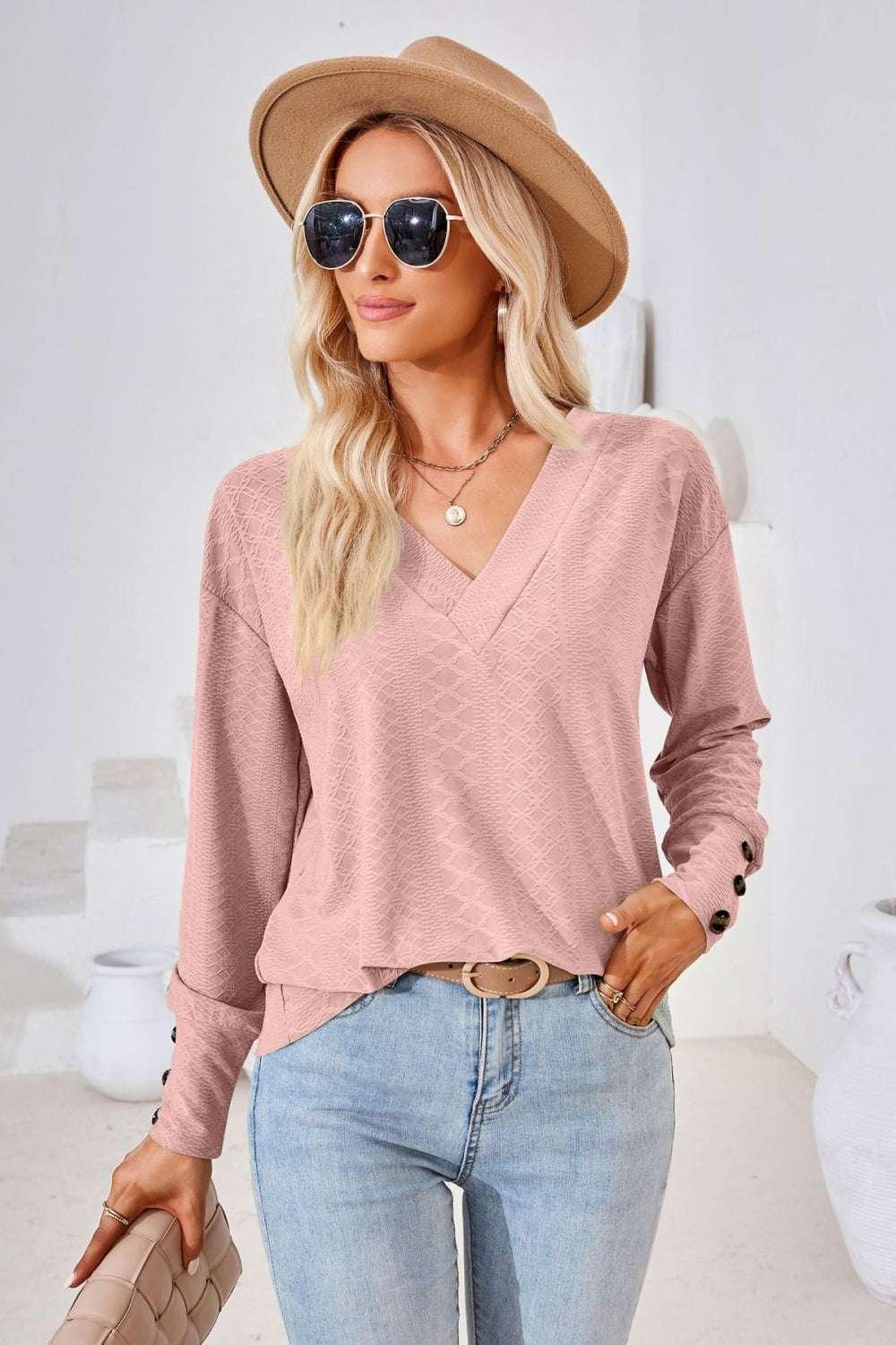 V - Neck Long Sleeve Blouse - VILLA FASHION