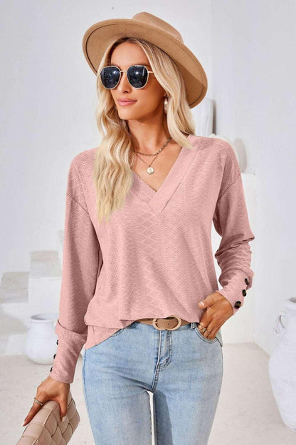 V - Neck Long Sleeve Blouse - VILLA FASHION