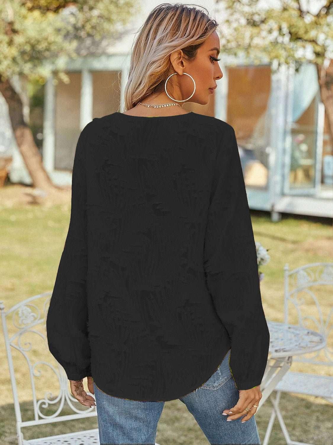 V - Neck Long Sleeve Blouse - VILLA FASHION