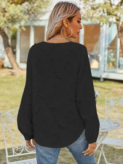 V - Neck Long Sleeve Blouse - VILLA FASHION