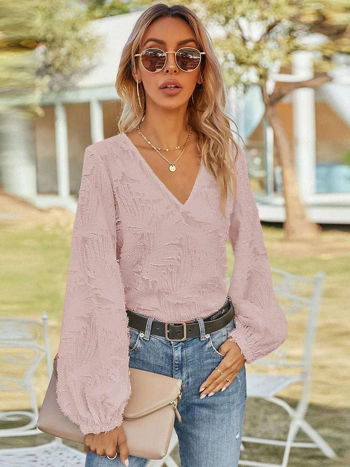 V - Neck Long Sleeve Blouse - VILLA FASHION