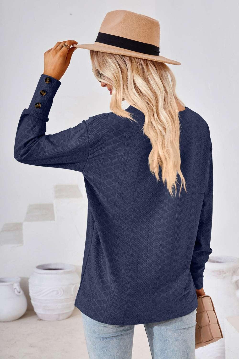 V - Neck Long Sleeve Blouse - VILLA FASHION