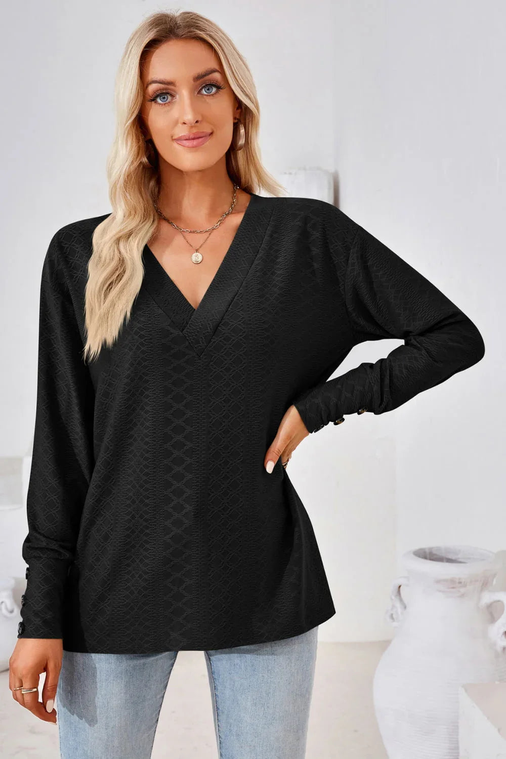 V - Neck Long Sleeve Blouse - VILLA FASHION