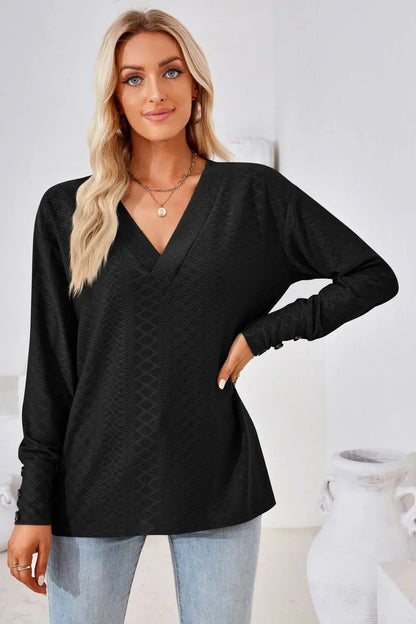 V - Neck Long Sleeve Blouse - VILLA FASHION