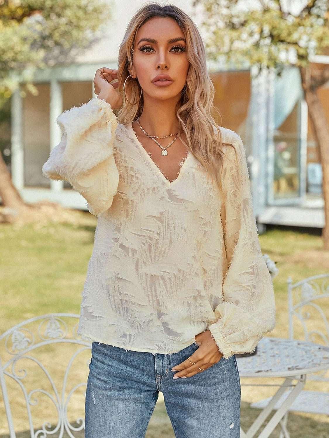 V - Neck Long Sleeve Blouse - VILLA FASHION
