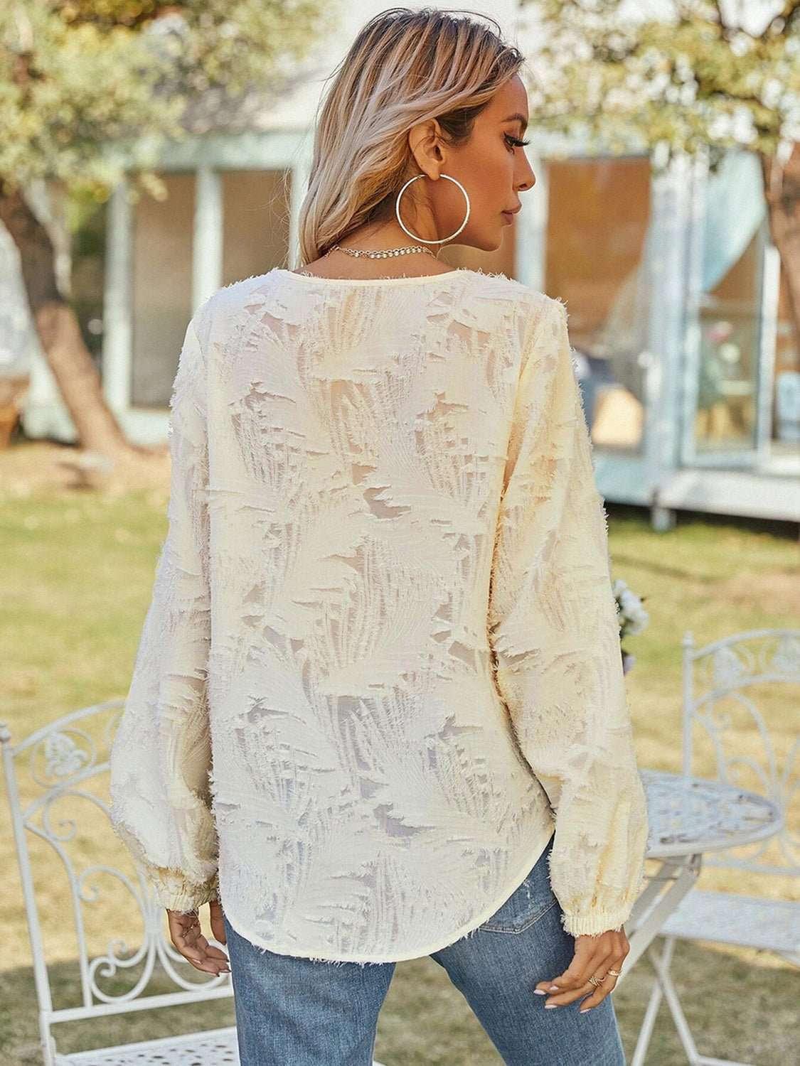 V - Neck Long Sleeve Blouse - VILLA FASHION