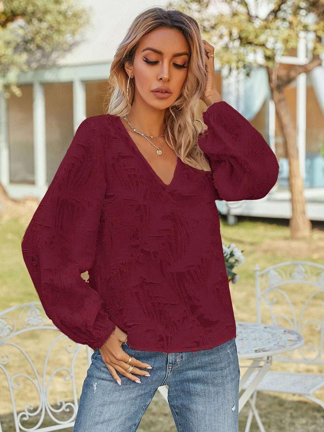 V - Neck Long Sleeve Blouse - VILLA FASHION