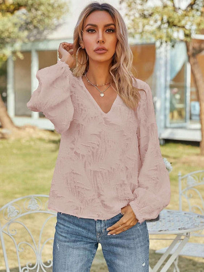 V - Neck Long Sleeve Blouse - VILLA FASHION