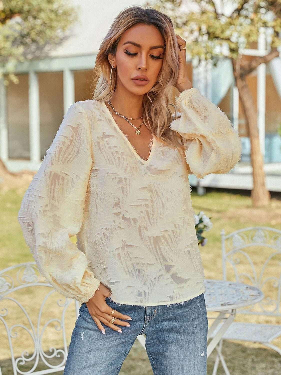 V - Neck Long Sleeve Blouse - VILLA FASHION