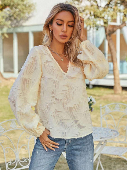 V - Neck Long Sleeve Blouse - VILLA FASHION