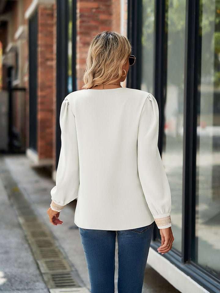 V - Neck Long Sleeve Blouse - VILLA FASHION