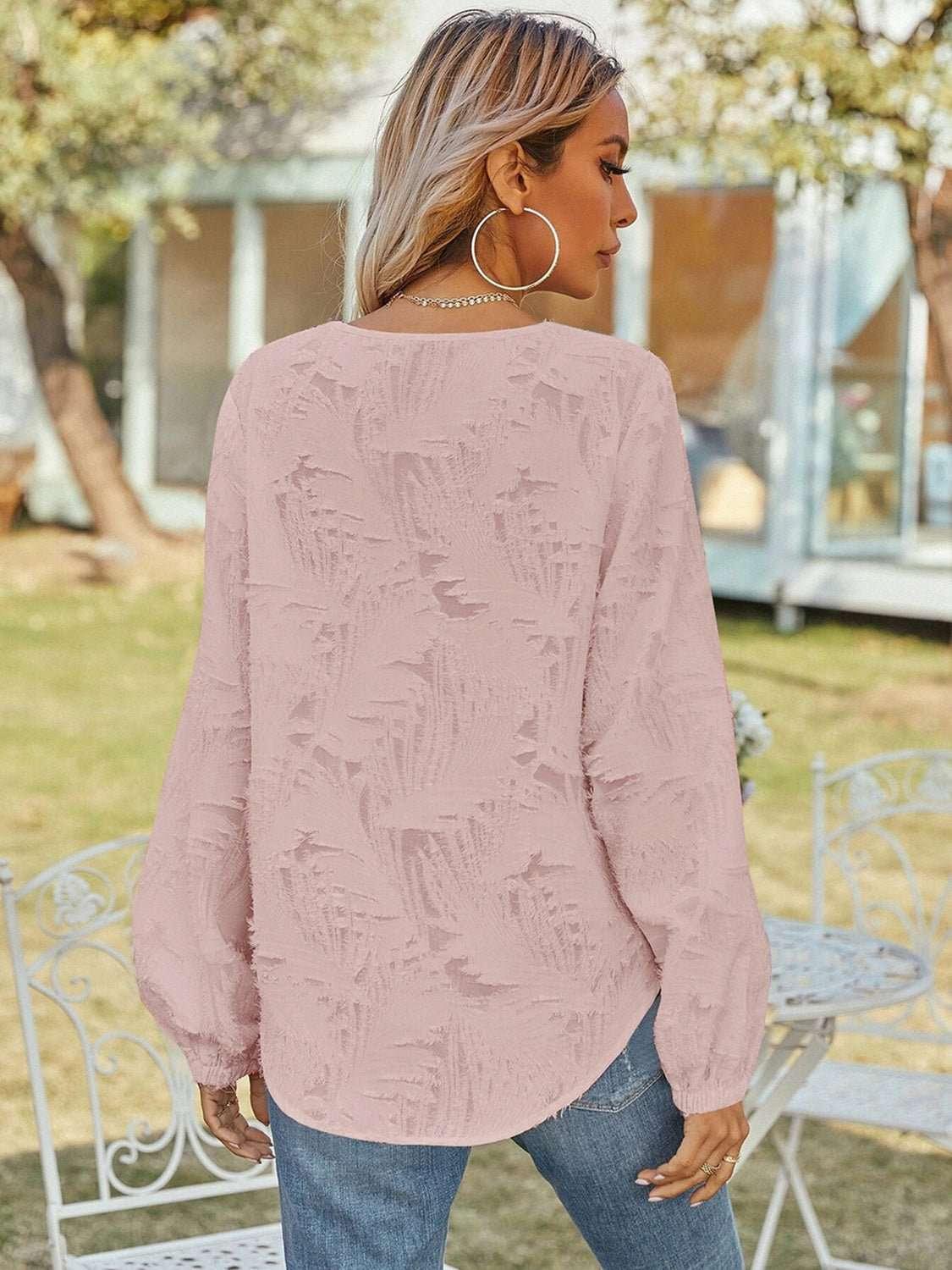 V - Neck Long Sleeve Blouse - VILLA FASHION