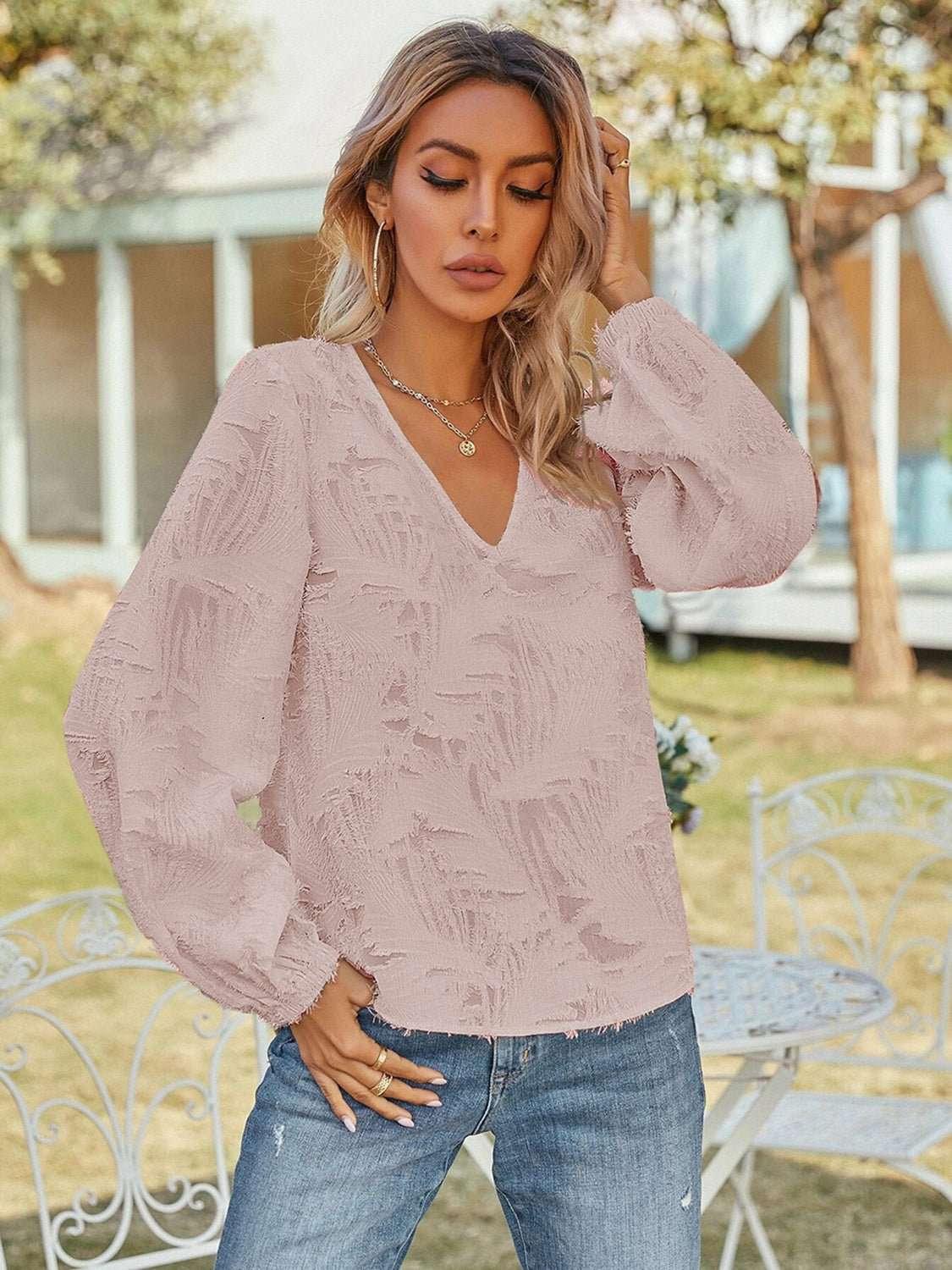V - Neck Long Sleeve Blouse - VILLA FASHION