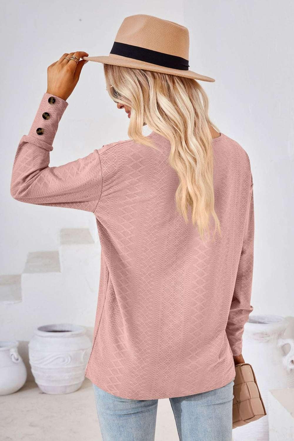 V - Neck Long Sleeve Blouse - VILLA FASHION