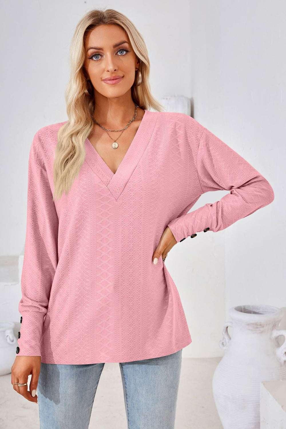 V - Neck Long Sleeve Blouse - VILLA FASHION