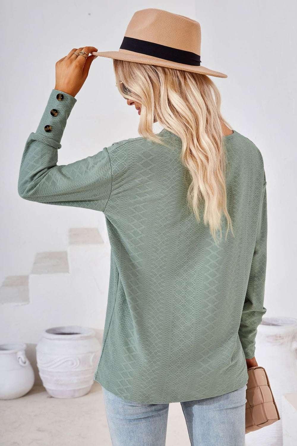 V - Neck Long Sleeve Blouse - VILLA FASHION