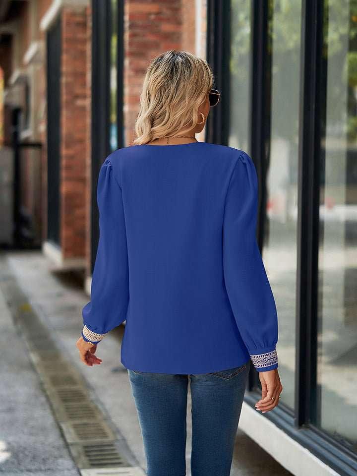 V - Neck Long Sleeve Blouse - VILLA FASHION