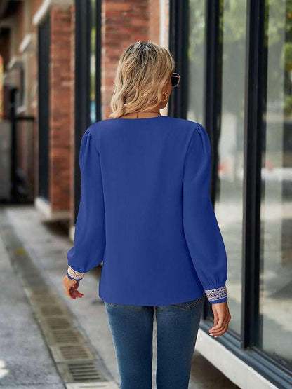 V - Neck Long Sleeve Blouse - VILLA FASHION