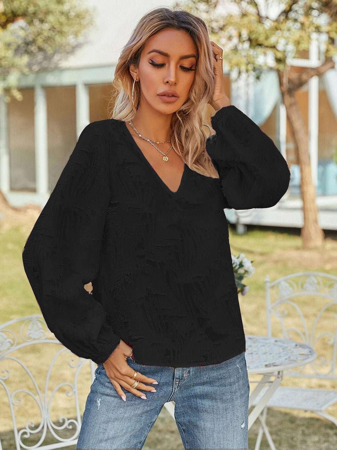V - Neck Long Sleeve Blouse - VILLA FASHION