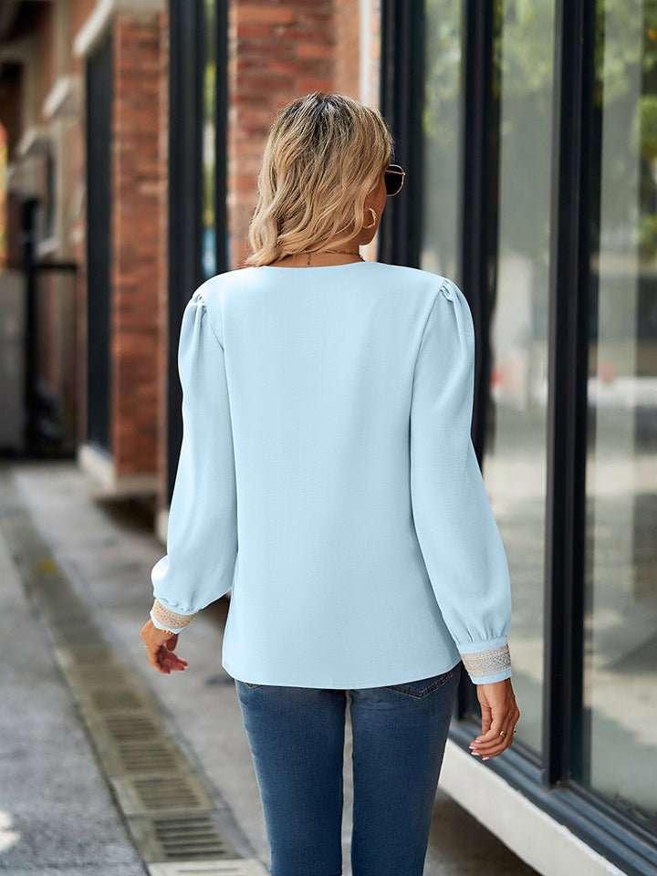 V - Neck Long Sleeve Blouse - VILLA FASHION