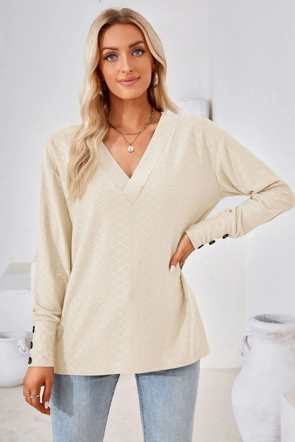 V - Neck Long Sleeve Blouse - VILLA FASHION