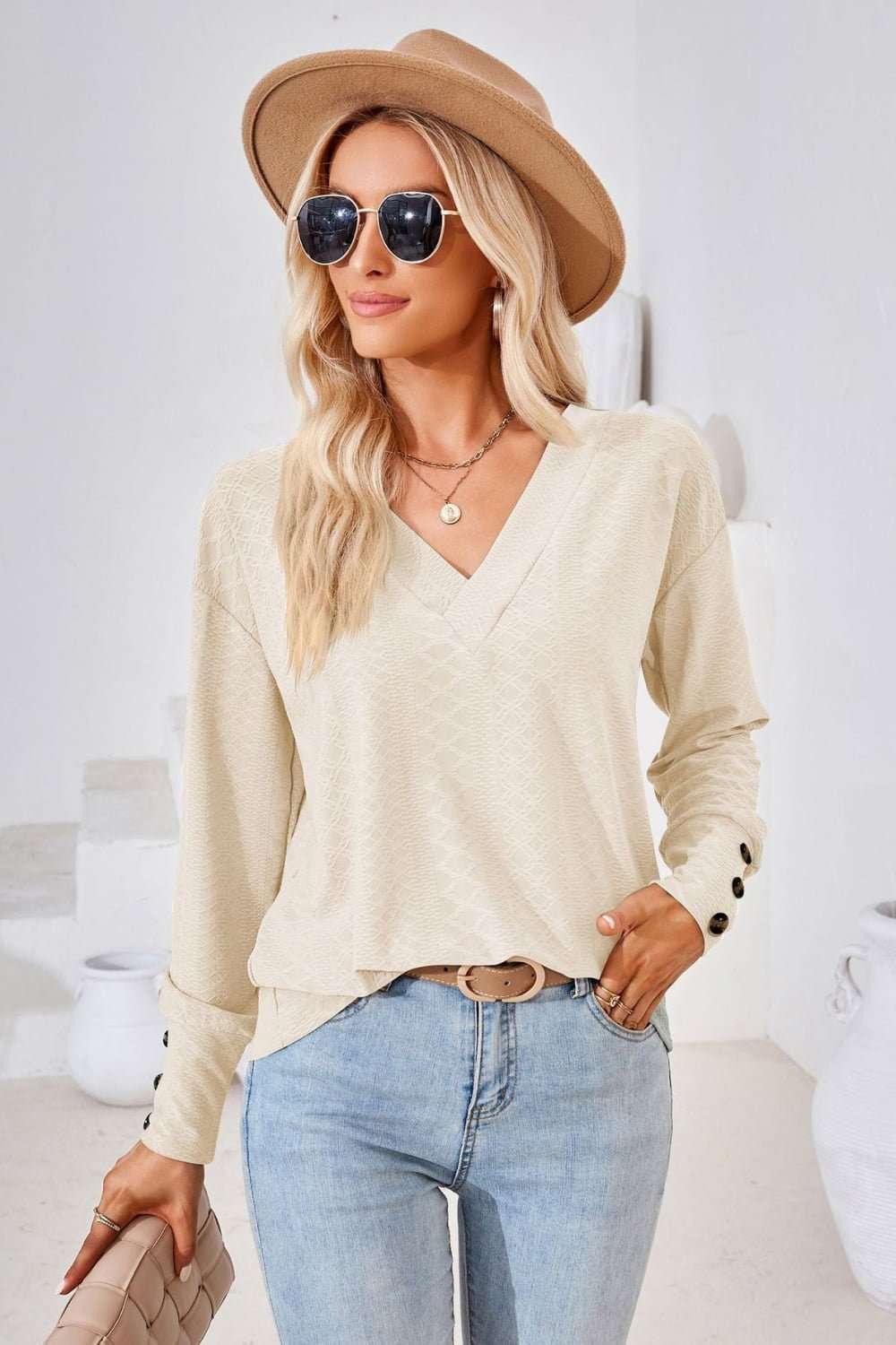 V - Neck Long Sleeve Blouse - VILLA FASHION
