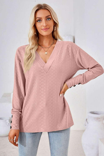 V - Neck Long Sleeve Blouse - VILLA FASHION