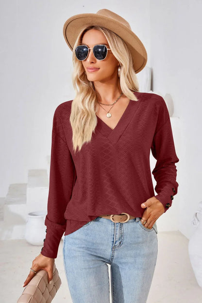 V - Neck Long Sleeve Blouse - VILLA FASHION