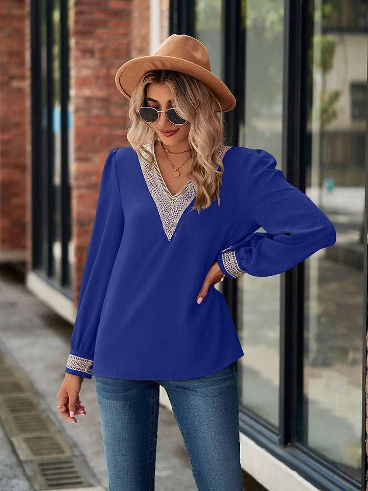 V - Neck Long Sleeve Blouse - VILLA FASHION