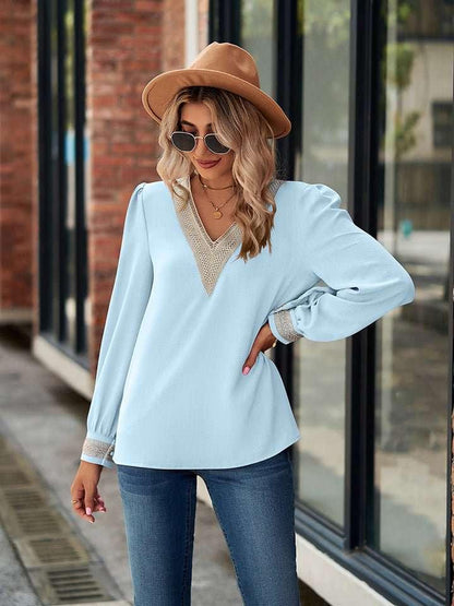 V - Neck Long Sleeve Blouse - VILLA FASHION