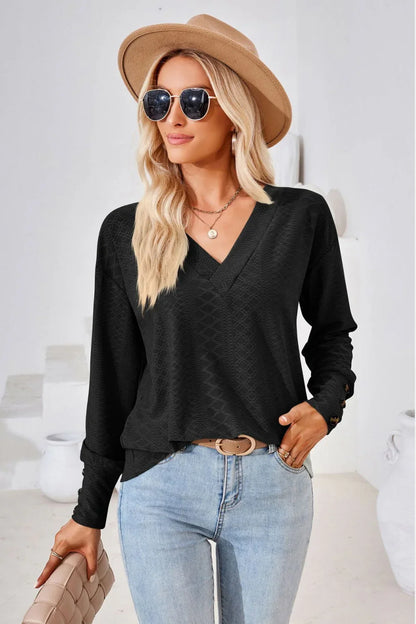 V - Neck Long Sleeve Blouse - VILLA FASHION