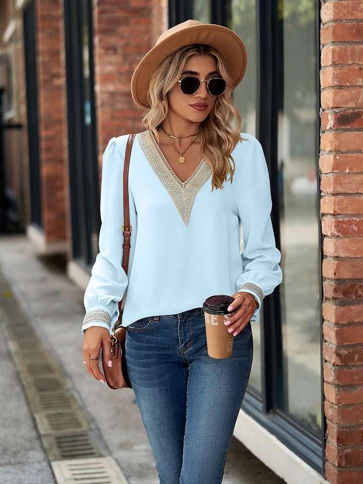 V - Neck Long Sleeve Blouse - VILLA FASHION
