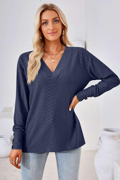 V - Neck Long Sleeve Blouse - VILLA FASHION
