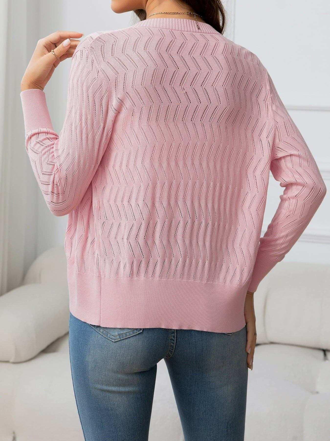 V - Neck Long Sleeve Buttoned Knit Top - VILLA FASHION