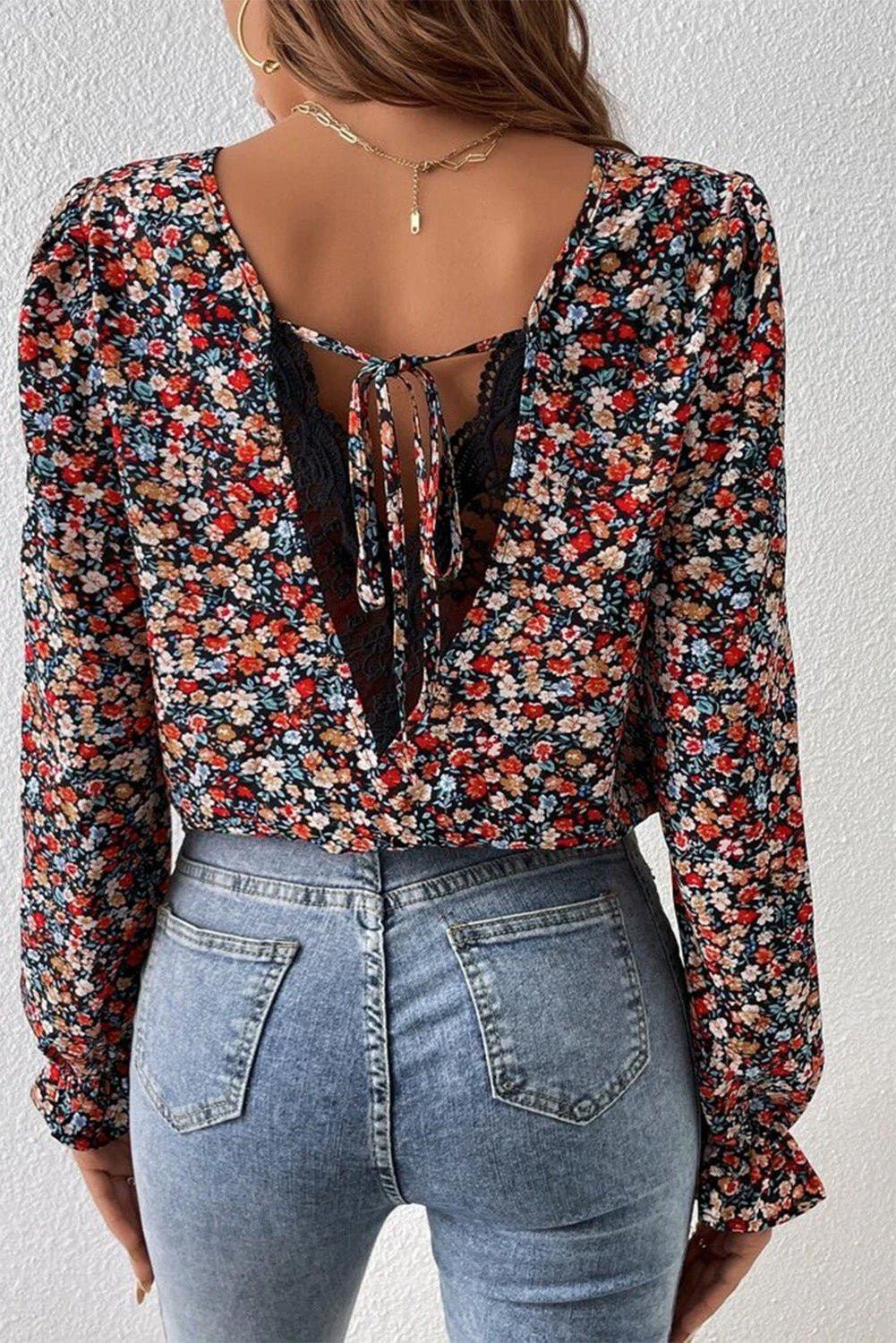 V - Neck Printed Long Sleeve Blouse - VILLA FASHION