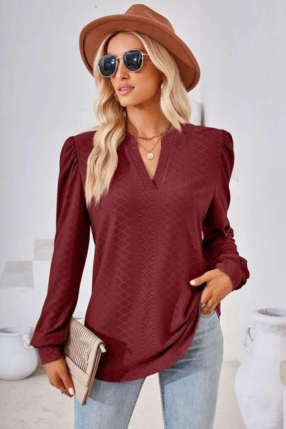 V - Neck Puff Sleeve Blouse - VILLA FASHION