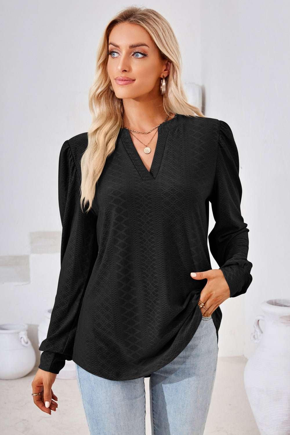 V - Neck Puff Sleeve Blouse - VILLA FASHION