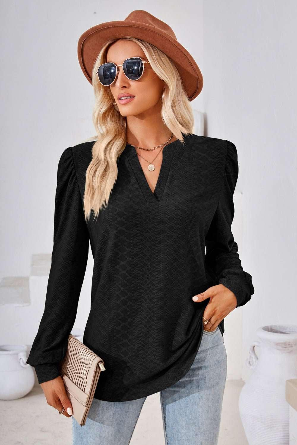 V - Neck Puff Sleeve Blouse - VILLA FASHION
