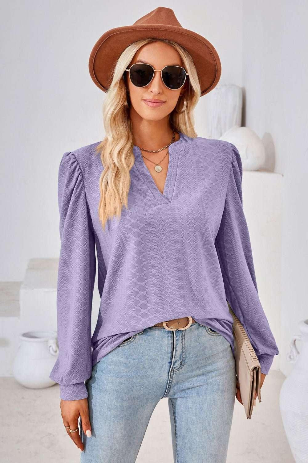 V - Neck Puff Sleeve Blouse - VILLA FASHION
