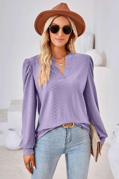 V - Neck Puff Sleeve Blouse - VILLA FASHION