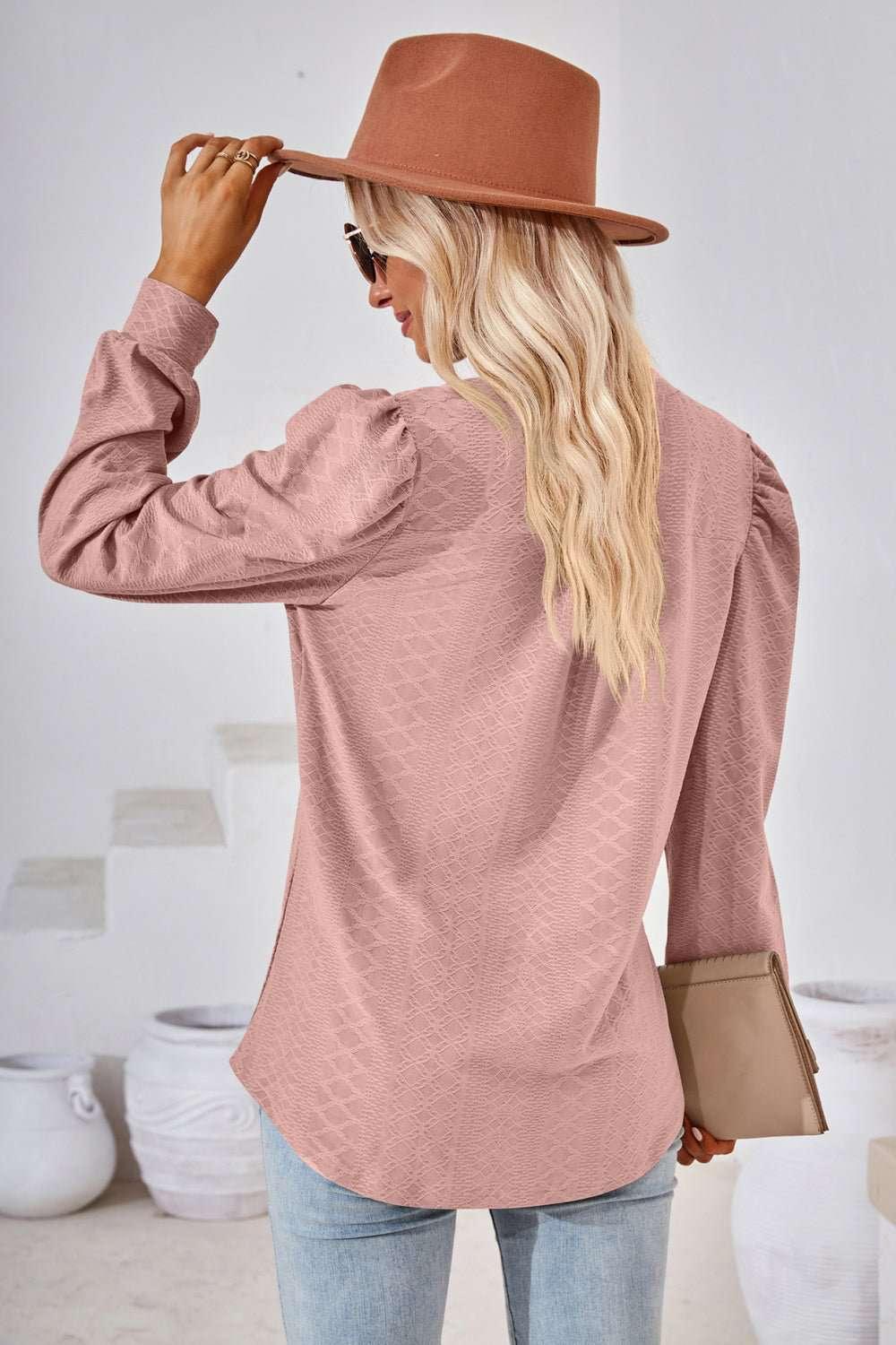 V - Neck Puff Sleeve Blouse - VILLA FASHION
