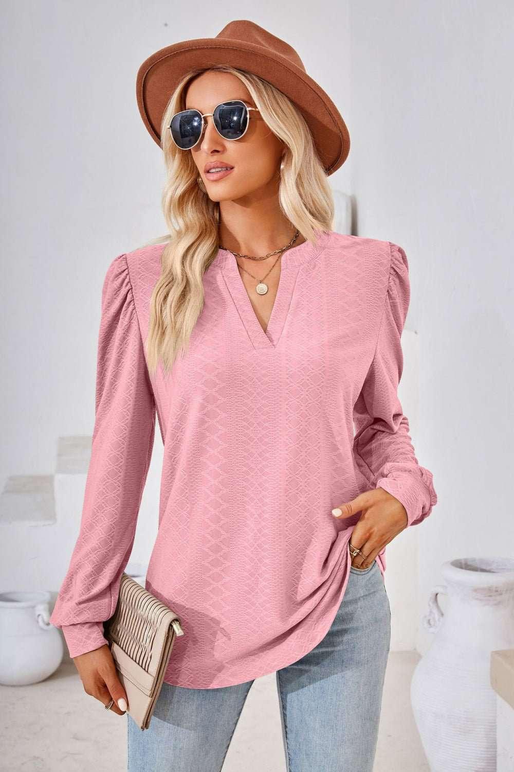 V - Neck Puff Sleeve Blouse - VILLA FASHION