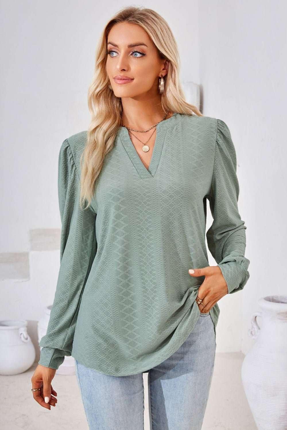 V - Neck Puff Sleeve Blouse - VILLA FASHION