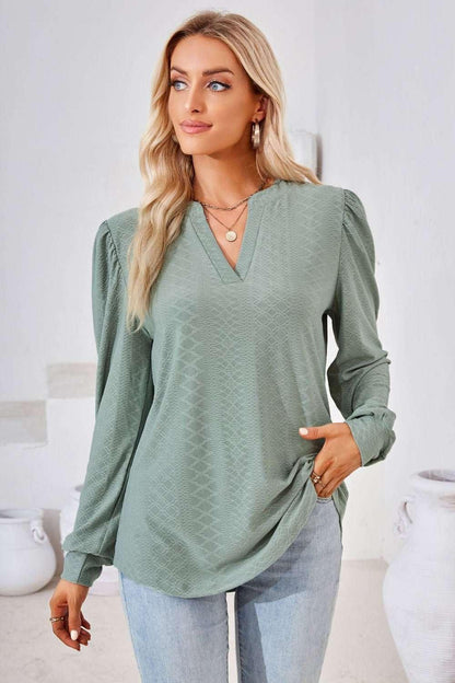 V - Neck Puff Sleeve Blouse - VILLA FASHION