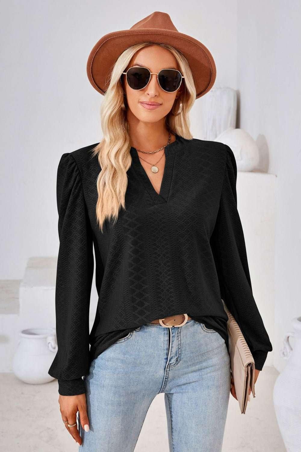 V - Neck Puff Sleeve Blouse - VILLA FASHION