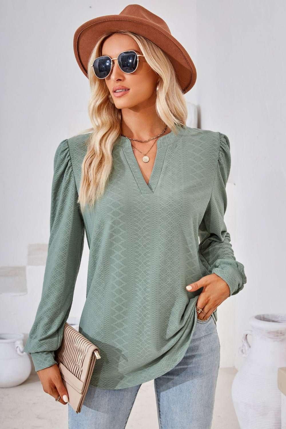 V - Neck Puff Sleeve Blouse - VILLA FASHION